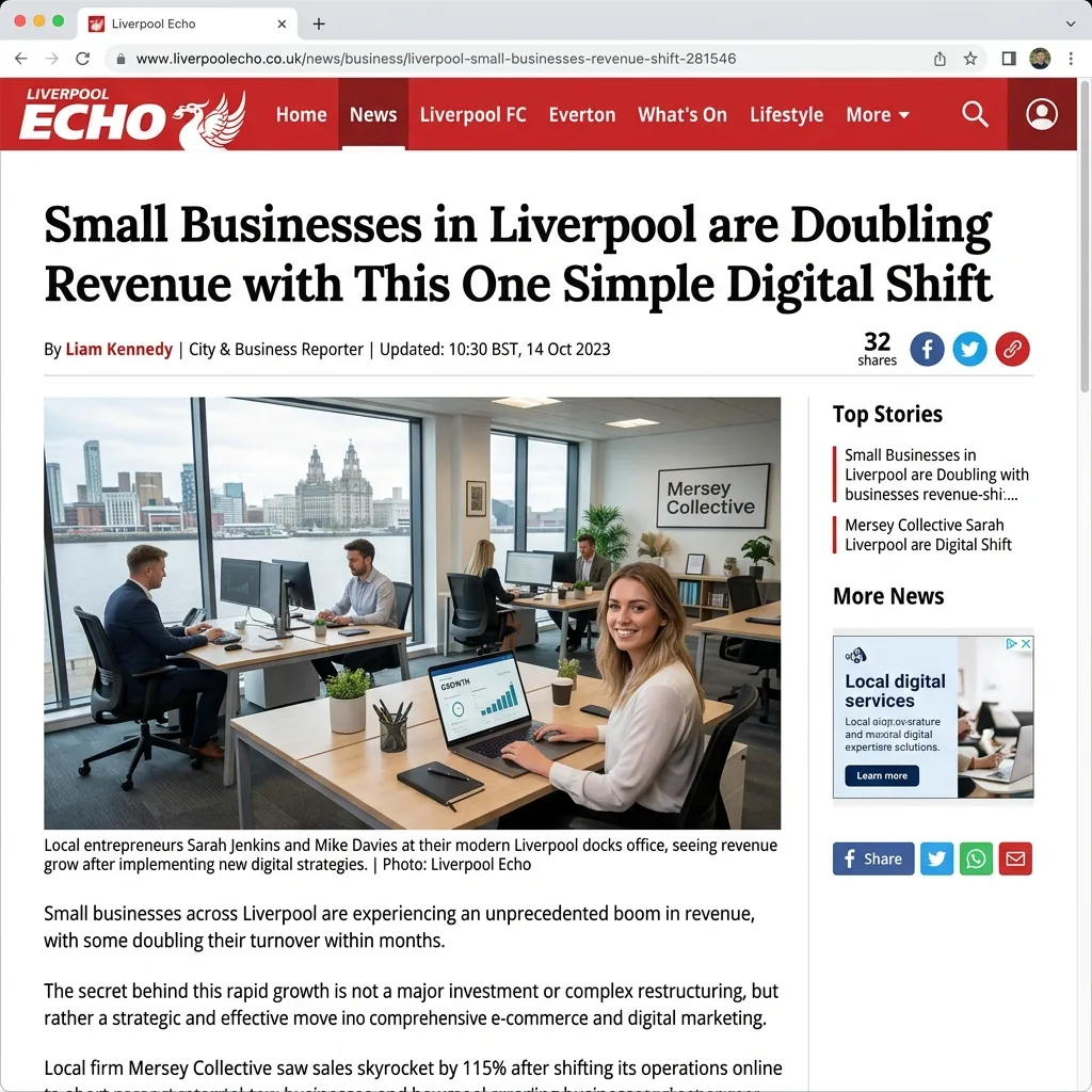The Liverpool Echo feature on Nacreatives, shown on a laptop