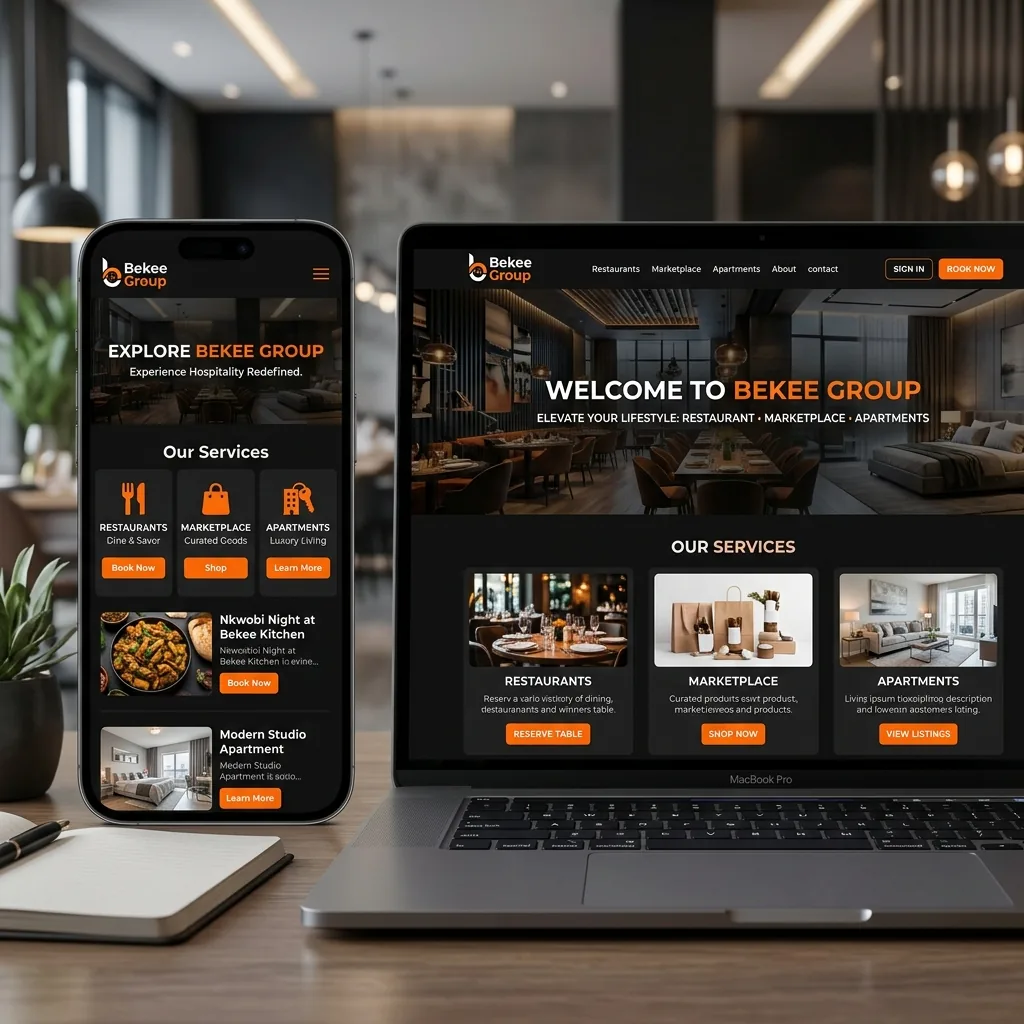 The Bekee Group hospitality website shown on a laptop and a phone